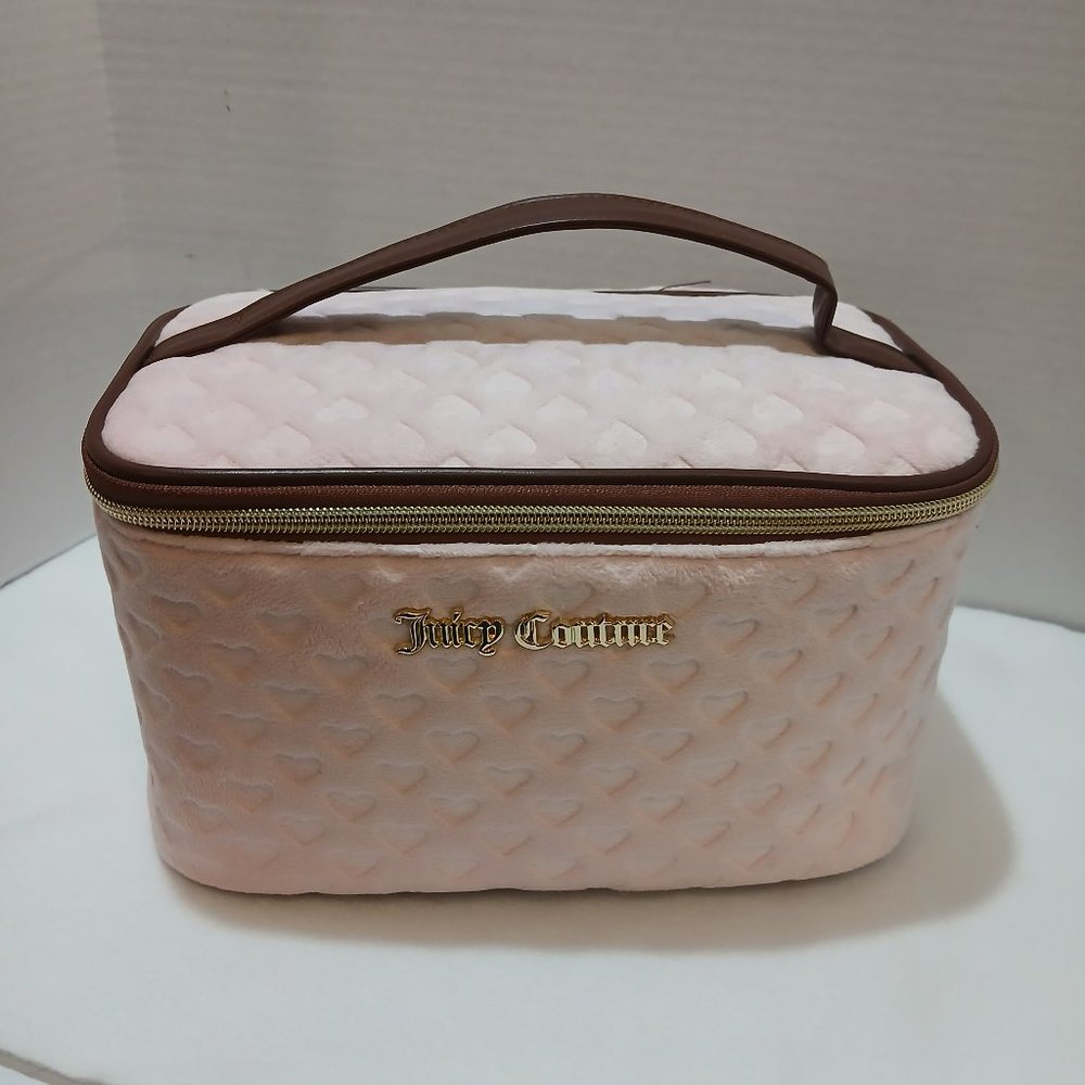 Juicy Couture Women's Cosmetics Train Case- Pink Velour with Embossed Hearts - Picture 1 of 13
